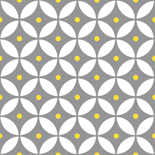 Cerchi sovrapposti e astratto a pois. Modello senza cuciture geometrico giallo e grigio.