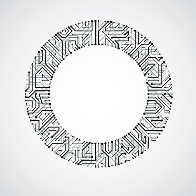 Cerchio del circuito di vettore, astrazione delle tecnologie digitali. Schema a microprocessore per computer in bianco e nero, design futuristico.