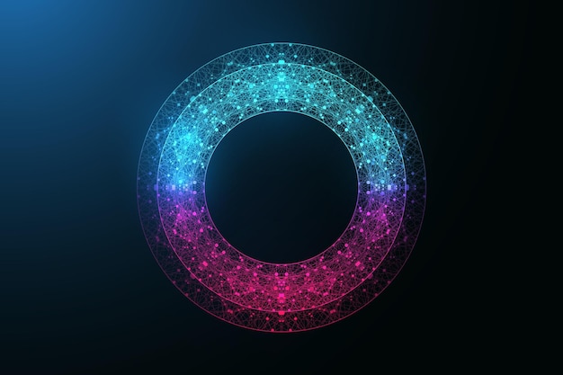 Cerchio di colore al neon digitale con punti e linee di collegamento in stile astratto Cornice al neon digitale futuristica Illustrazione vettoriale di forma rotonda al neon poligonale