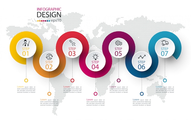 Cerchio etichetta infografica con sette passaggi
