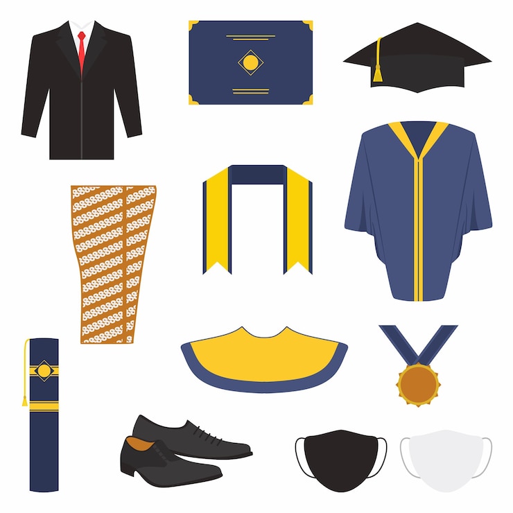 Vettore cerimonia di laurea vestiti e accessori set bachelor abito cravatta maschera scarpe laurea toga robe laurea slayer laurea medaglia graduazione tubo e cappuccio in stile cartone animato piatto vettore icona