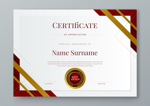 Certificato d'apprezzamento rosso, bianco e oro modello di confine con distintivo di lusso e linee e forme moderne Certificato di riconoscimento diplomi scuola di istruzione