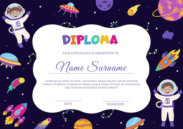Certificato di diploma spaziale con elementi spaziali e bambini astronauti