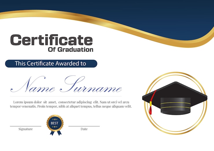 Vettore certificato di laurea con un nastro d'oro e uno sfondo blu