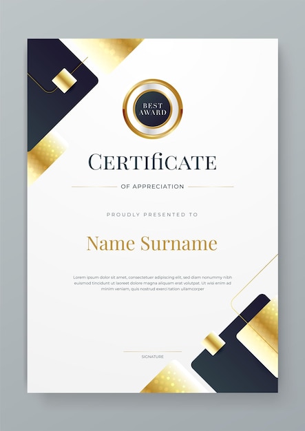 Certificato di riconoscimento in bianco e nero e oro modello di confine con distintivo di lusso e linee e forme moderne Certificato dei premi di realizzazione scuola di diploma di istruzione