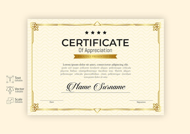 Certificato di vecchio stile con disegno vettoriale cornice classica