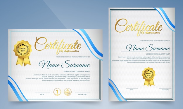 Certificato moderno di modello di successo, oro e blu.