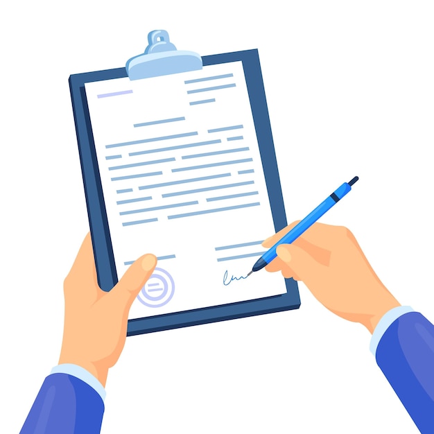 Certificazione di firma dell'avvocato Firma del contratto a mano con penna segno carta documento simbolo certificato di lavoro o accordo legale fumetto illustrazione vettoriale