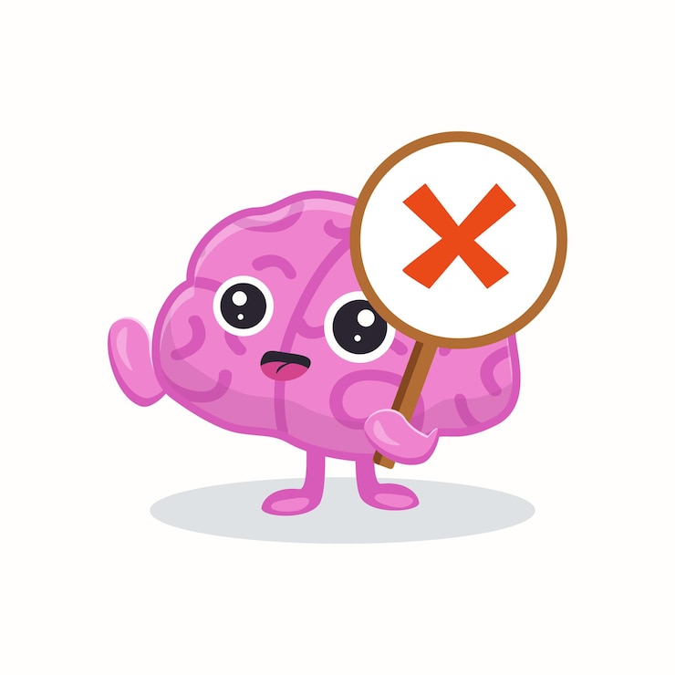 Vettore cervello carino che tiene un'illustrazione piatta del segno sbagliato o incrociato. le emozioni del personaggio dei cartoni animati hanno isolato il vettore. brainpower, mente e concetto di intelligenza
