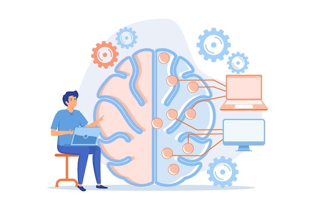 Cervello con circuito digitale e programmatore con computer portatile Intelligenza artificiale di apprendimento automatico