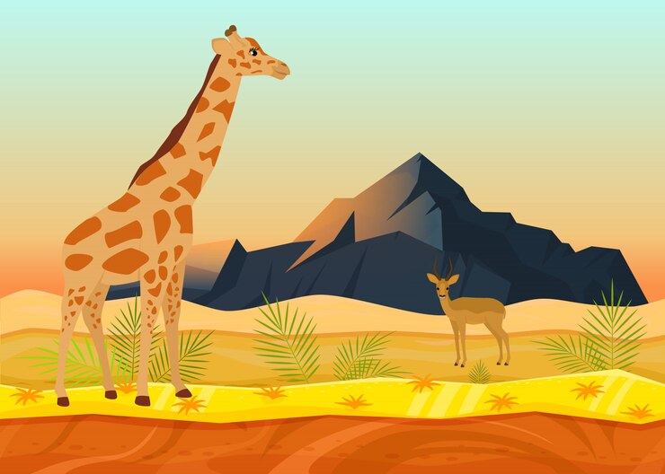 Vettore cervi animali africani della giraffa, illustrazione piana di vettore di concetto naturale tropicale del paesaggio. posto bellissimo deserto, spazio di montagna di roccia.