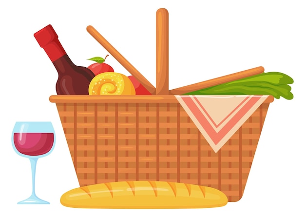 Cestino da picnic con bottiglia di vino e icona del fumetto di pane