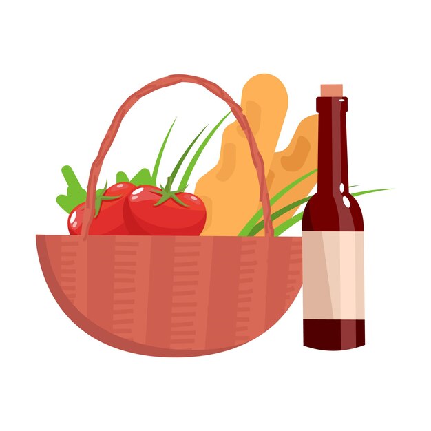 Cestino da picnic con snack e bottiglia di vino oggetto vettore colore semi piatto