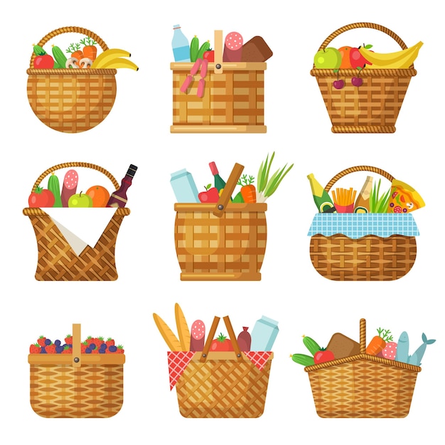 Cesto con prodotti. Cestino da picnic artigianale con vari cestini vettoriali di frutta e verdura. Prodotto da picnic, cestino con manico, illustrazione tradizionale di accessori per esterni