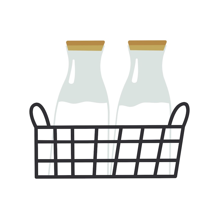 Vettore cesto di metallo con due bottiglie di latte prodotti lattiero-caseari freschi per la casa elemento decorativo per caffetteria panetteria e ristorante arredamento per una caffetteria in città stile piatto nell'illustrazione vettoriale isolato