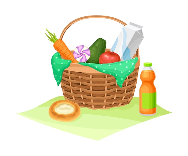 Cesto di vimini per picnic con alimenti per mangiare all'aperto illustrazione vettoriale