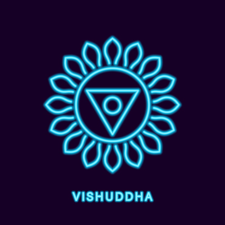 Vettore chakra vishuddha al neon blu simbolo luminoso della porta di accesso alla liberazione