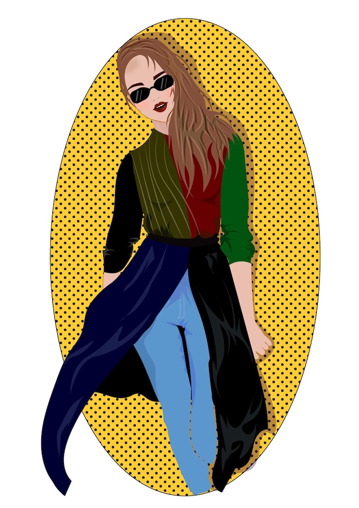 Vettore charming lady in uno stile specifico va verso il futuro ciò che ci aspetta solo l'universo lo sa abiti creativi pashion tempo per lo shopping