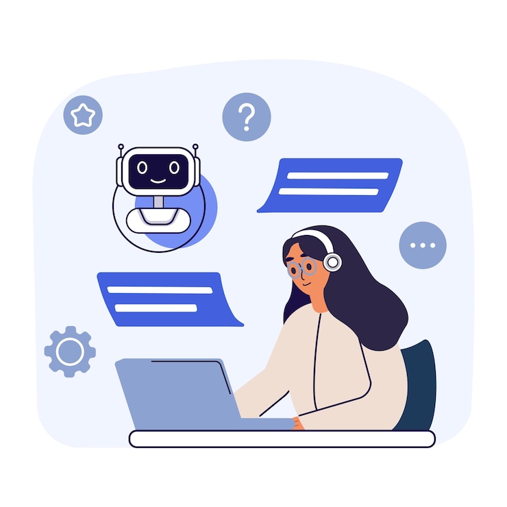 Vettore chat bot assistente ai virtuale supporto clienti online donna che parla con il robot ragazza che chiede