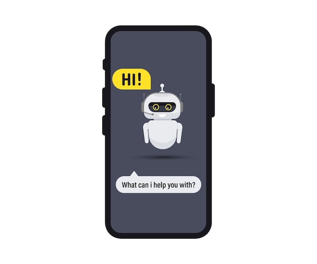 Chat bot nello smartphone. Icona di messaggistica chat. Icona di supporto o servizio. Il bot del servizio di supporto dice agli utenti Hello. Chatbot saluta. Consultazione in linea. Servizio clienti, supporto, assistenza, call center