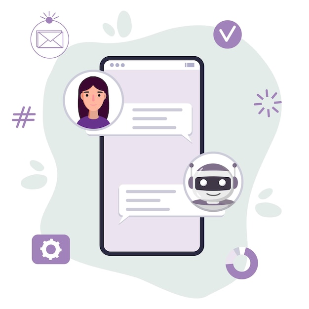 Chat bot robot piatto fumetto illustrazione Parla supporto vocale a bolle Chat di servizio Guida online virtuale