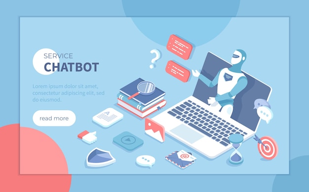 Chatbot robot virtuale comunicare tramite laptop cappello applicazione bot dà risposte alle domande Dialo