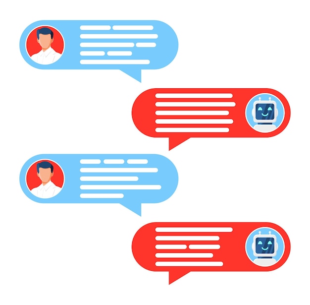Chatting Bubbles con Chat Bot Robot Isolato Uomo Chatting con Chatbot Messaggi di chat Notifica sullo schermo AI Chatbot Supporto Customer Service concetto Flat Vector Illustration