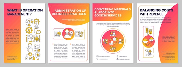 Che cos'è il modello di brochure rosso di gestione delle operazioni. Volantino, opuscolo, stampa di volantini, design di copertina con icone lineari. Layout vettoriali per presentazioni, relazioni annuali, pagine pubblicitarie