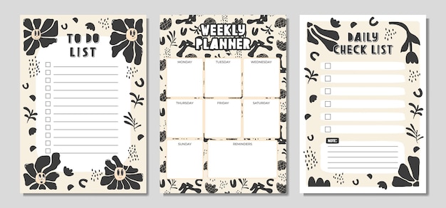 Check list planner, carta per appunti, lista delle cose da fare decorata con simpatici fiori di doodle di cartoni animati e botanici