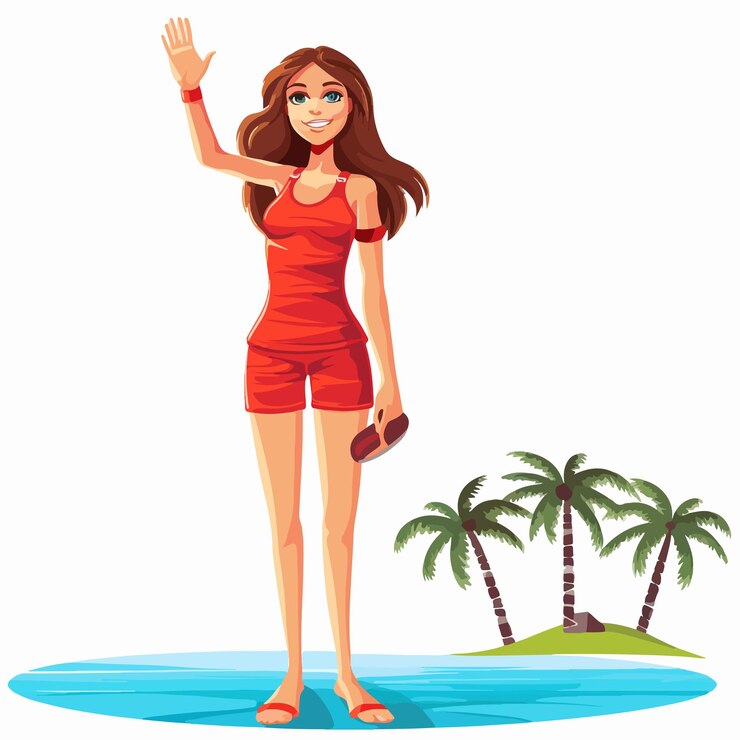 Vettore cheerful cartoon woman in bikini rosso con la mano alzata