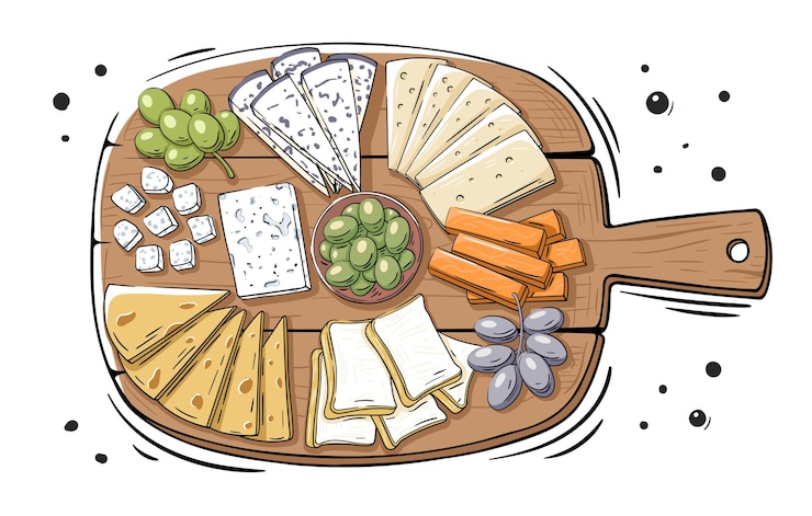 Vettore cheese set with grapes and olives on a wooden cutting board and spices