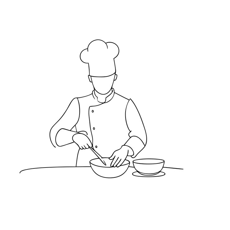 Vettore chef che prepara il cibo a riga singola pagina da colorare