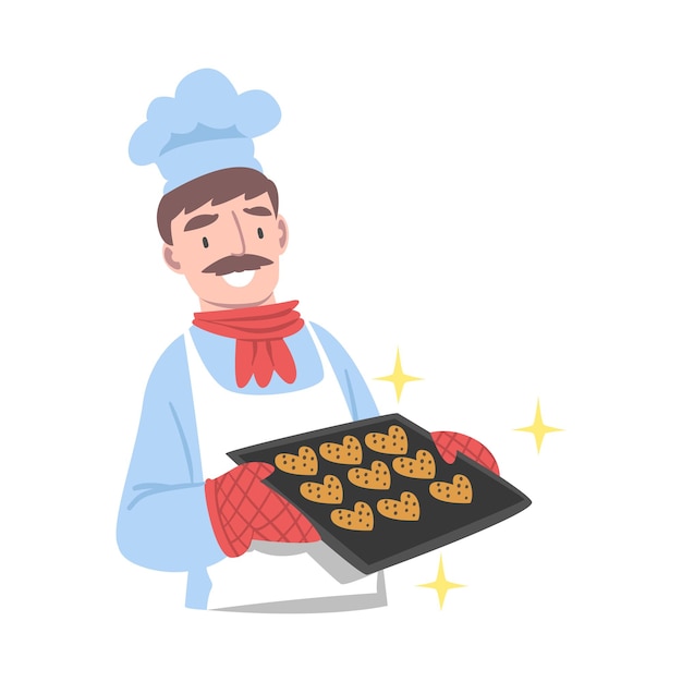 Chef che tiene un vassoio con biscotti appena cotti Cuoco Personaggio in cappello e grembiule Cucina in cucina Illustrazione vettoriale in stile cartone animato