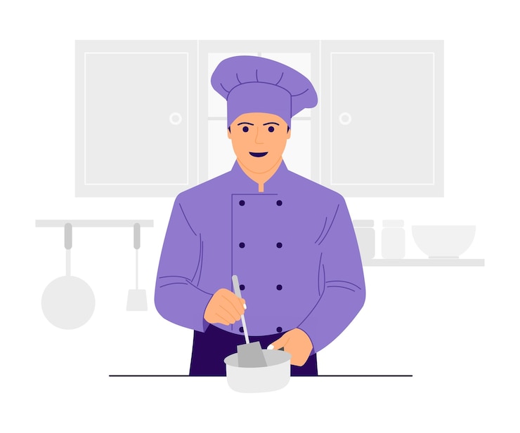 Vettore chef felice che cucina chef che impasta la pasta di pane in cucina