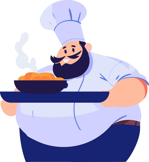 Chef in sovrappeso che cucina in cucina in stile piatto isolato sullo sfondo