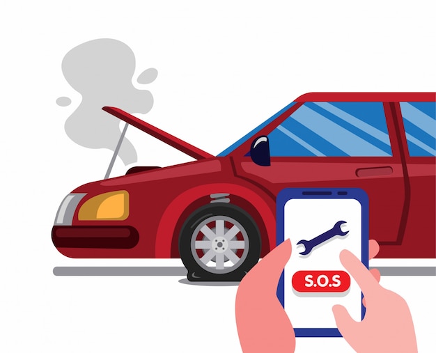 chiamare l'assistenza di emergenza lungo la strada utilizzando lo smartphone in un incidente d'auto. concetto di servizio dell'assicurazione auto nell'illustrazione piana del fumetto isolata