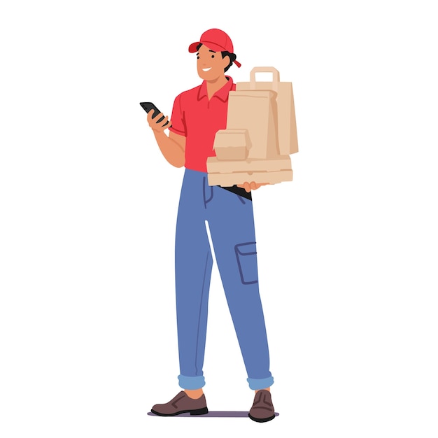 Chiamata di carattere corriere dal cellulare durante la consegna di pacchi alimentari garantendo una consegna tempestiva e accurata Comunicazione conveniente per aggiornamenti e istruzioni sui dettagli di consegna Illustrazione vettoriale