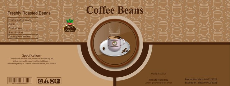 Vettore chicchi di caffè arrostiti etichetta sfondo disegno modello vettoriale di colore marrone chiaro e scuro