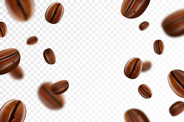 Chicchi di caffè che cadono isolati su sfondo trasparente Chicchi di caffè sfocati volanti Applicabile per il design del menu del pacchetto pubblicitario del caffè Illustrazione vettoriale 3d realistica