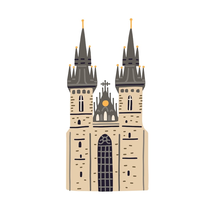 Vettore chiesa di tyn a praga. vecchio edificio ceco con torri nere e guglie gotiche. illustrazione vettoriale piatta colorata dell'architettura europea medievale isolata su sfondo bianco.