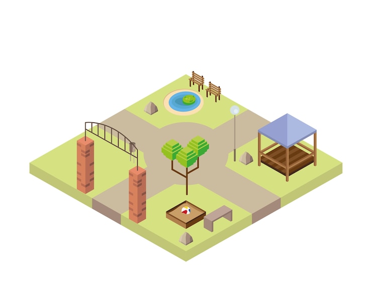 Vettore chiosco del parco e scena del lago isometrica icona di stile design illustrazione
