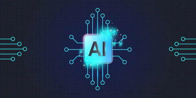 Chip AI al neon luminoso blu chiaro con linee di contatto di circuiti sottili chip AI sullo sfondo tecnologico