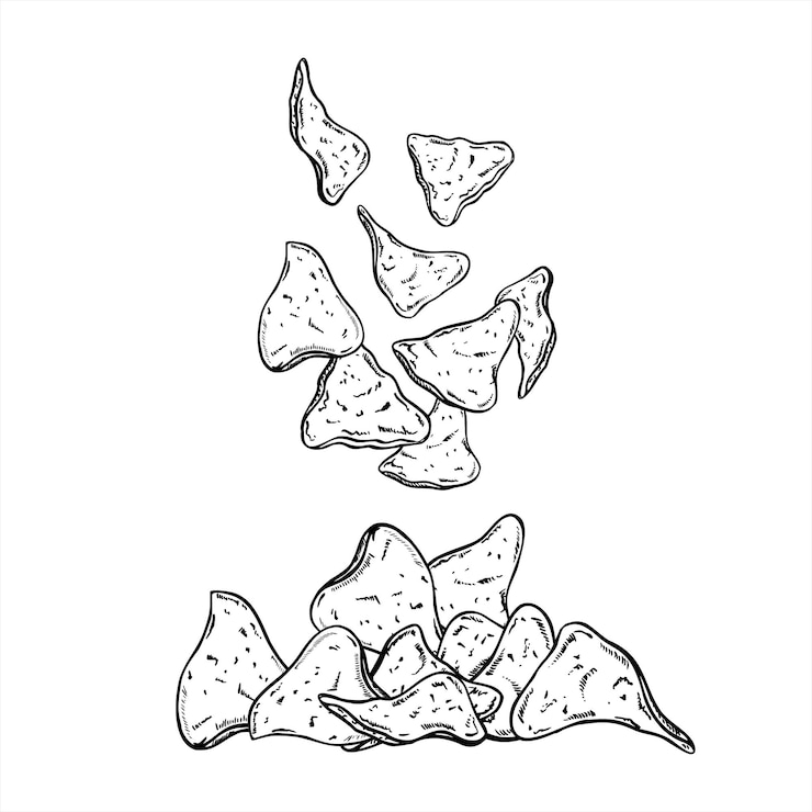 Vettore chip di nachos a metà volo che cadono caoticamente in pila illustrazione vettoriale monocromatica dinamica dipinta con inchiostri neri nachos messicani per snack branding app di consegna di cibo contenuti sui social media