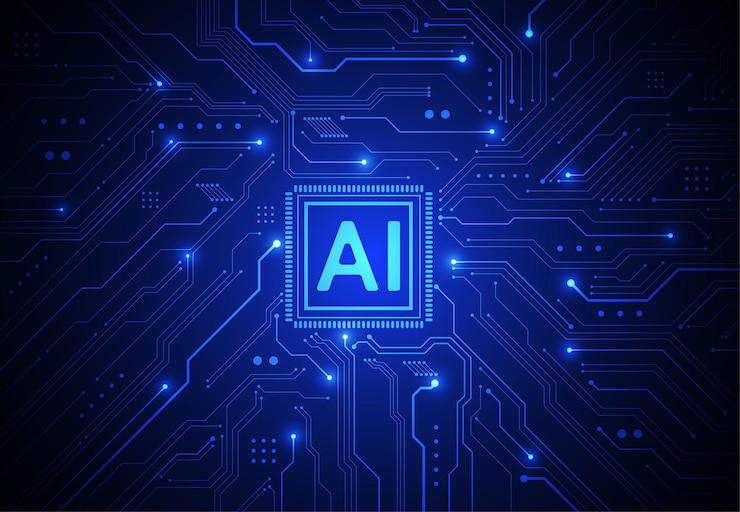 Vettore chipset di intelligenza artificiale su scheda di circuito in concept tecnologico futuristico opera d'arte per la copertina della scheda del banner web illustrazione vettoriale