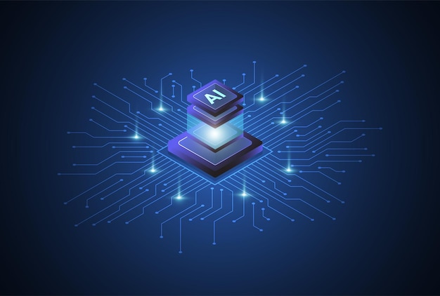 Chipset isometrico di intelligenza artificiale su circuito stampato in grafica tecnologica concettuale futuristica per copertina della scheda banner web Illustrazione vettoriale