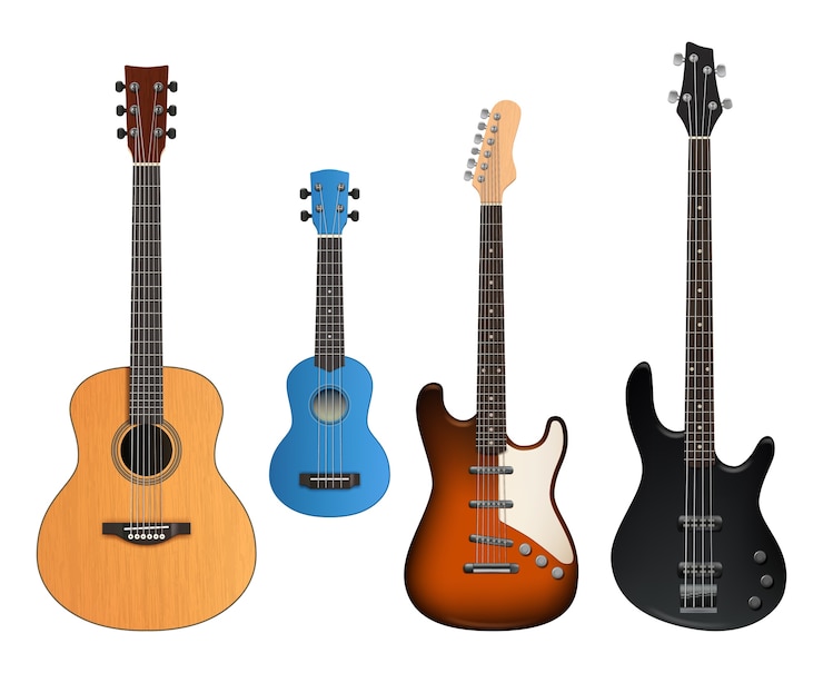 Vettore chitarre. strumenti musicali realistici suonano creando oggetti rock e collezione di chitarre acustiche.
