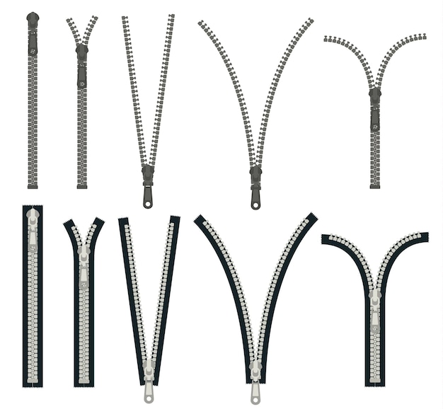 Chiusure a cerniera Vari tipi Forme Set di icone Zip metallico chiuso e aperto Visualizzazione illustrazione vettoriale degli accessori da sarto
