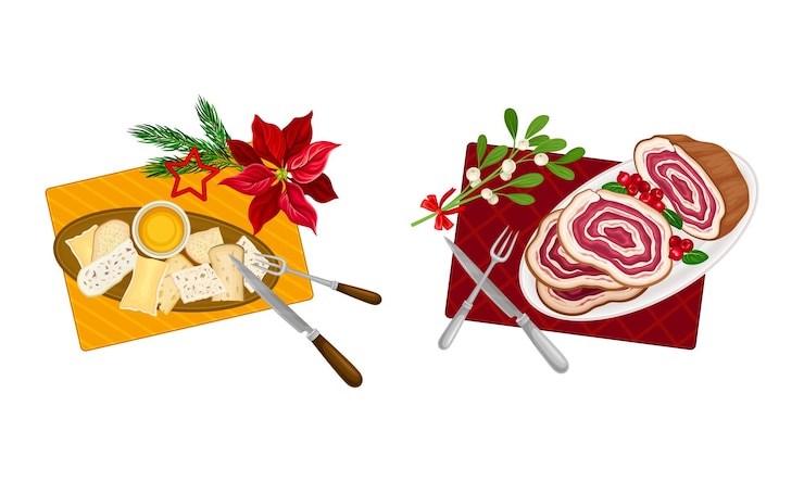 Vettore christmas eve traditional dishes set top view of festive dishes served on plate vector illustration