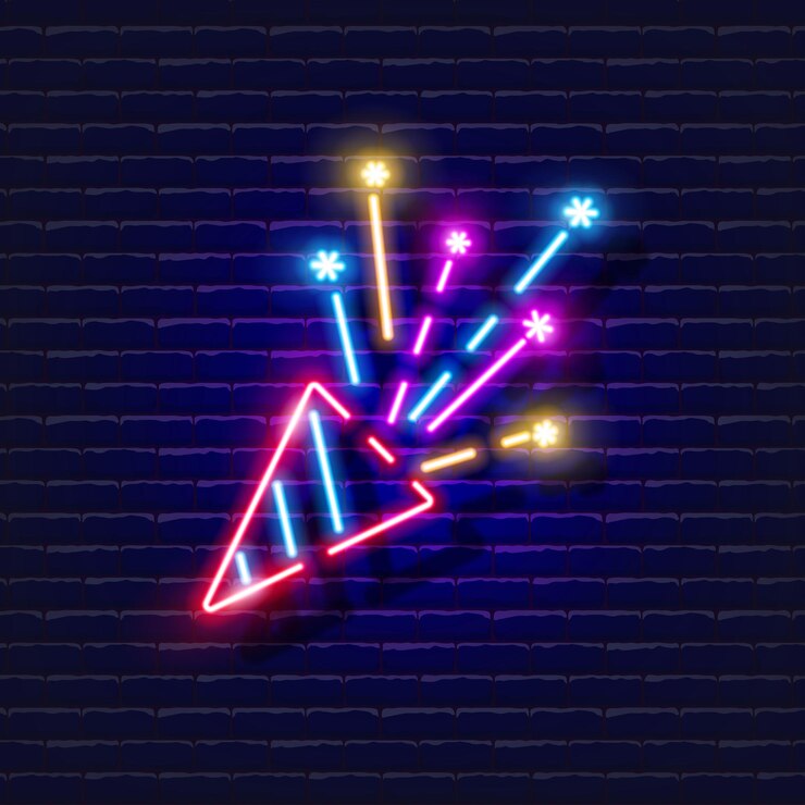 Vettore ciak con insegna al neon confetti fuochi d'artificio icona luminosa concetto di capodanno e natale illustrazione vettoriale per il design