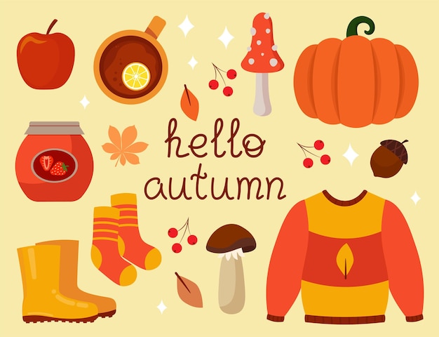 Ciao autunno autunno concetto insieme di oggetti isolati illustrazione vettoriale in stile piatto